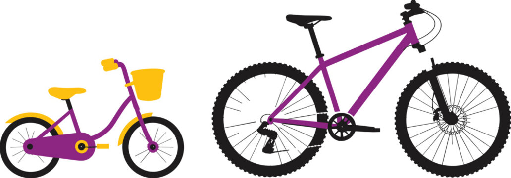 Purple adult mountain bike and matching children tricycle vector set representing family active outdoor sports recreation