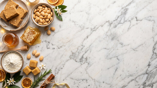 Overhead flat lay of Spanish Turron de Jijona almond nougat on white marble