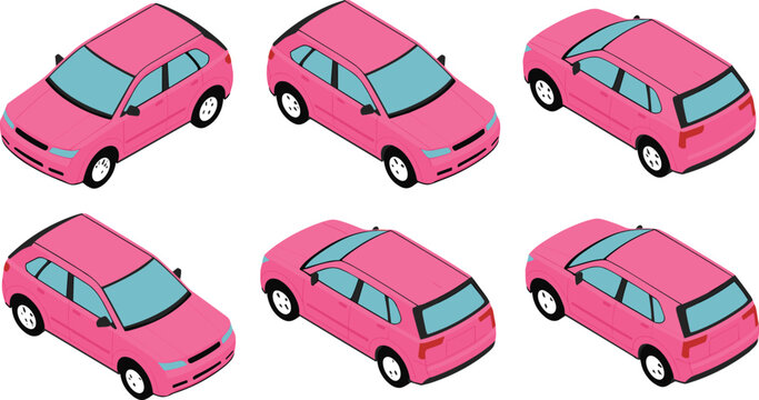 Isometric pink crossover suv car collection set from multiple different views angles isolated on white background vector