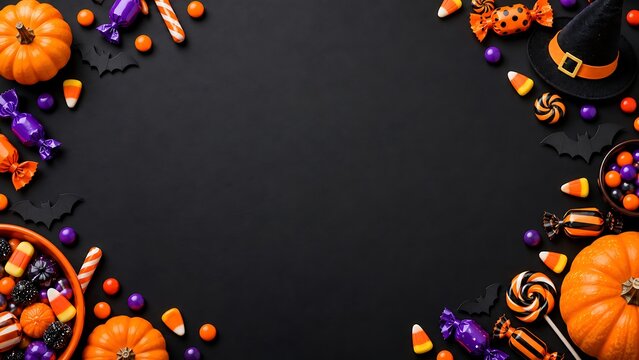 Top view of halloween candy and pumpkins on dark black background with halloween pumpkins background
