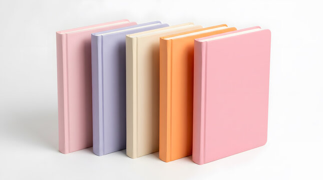 Set of five hardbound books with blank pastel-colored covers standing in a row on a white background