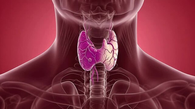 3D anatomical illustration of the human thyroid gland showing its position in the neck with surrounding structures and blood vessels