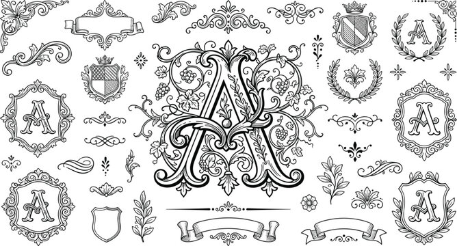Ornate baroque initial letter A monogram bundle featuring vintage filigree grapevine flourishes laurel wreaths heraldic shields and ribbons vector