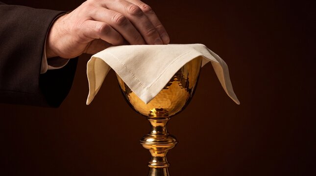 Priest performing the holy eucharist ceremony with golden chalice