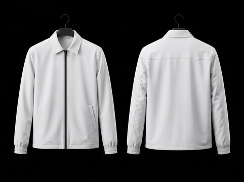 Product view of a white jacket with black zipper from front and back angles, showcasing minimalist design.