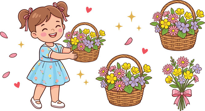 Cute Little Girl Character Holding Wicker Basket with Colorful Spring Flowers and Bouquet for Mother Day Greeting Cards Vector Graphic Design