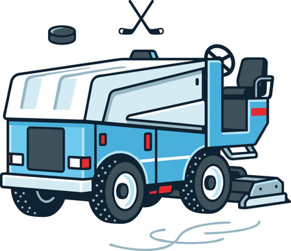 Ice Resurfacer Machine Vector Illustration with Crossed Hockey Sticks and Puck Elements for Ice Rink Maintenance and Winter Sports Graphic Design