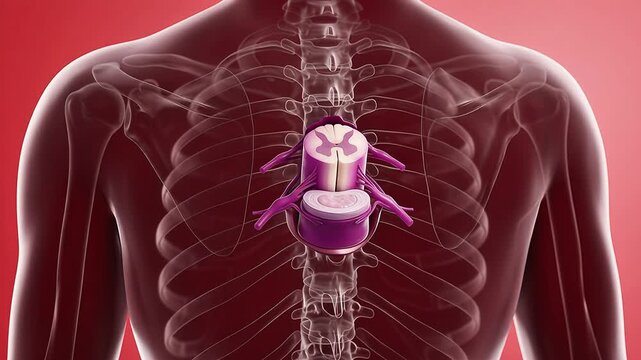 3D medical illustration showing a cross-section of the human spinal cord and nervous system within the vertebral column.