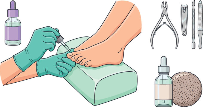 Professional Pedicure and Podiatry Treatment Element Set with Foot Care Serum Dropper Nipper File and Pumice Stone Vector Illustration