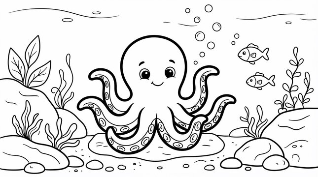 Cute octopus underwater coloring page for kids with fish and sea plants in black and white line art
