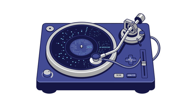 Stethoscope on vinyl turntable for music therapy and heart health diagnostics flat vector illustration for cardiology branding