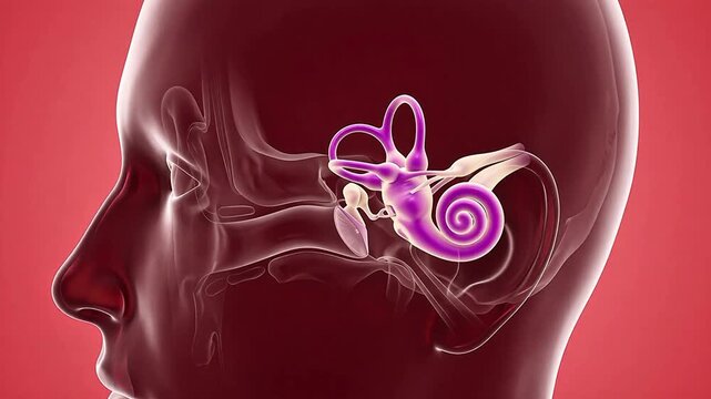 3D medical animation of the human ear anatomy highlighting the inner ear structures including the cochlea and semicircular canals within a head profile