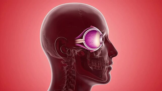 Anatomical 3D illustration of a human head in profile with a highlighted cross-section of the eye and optic nerve structure on a red background