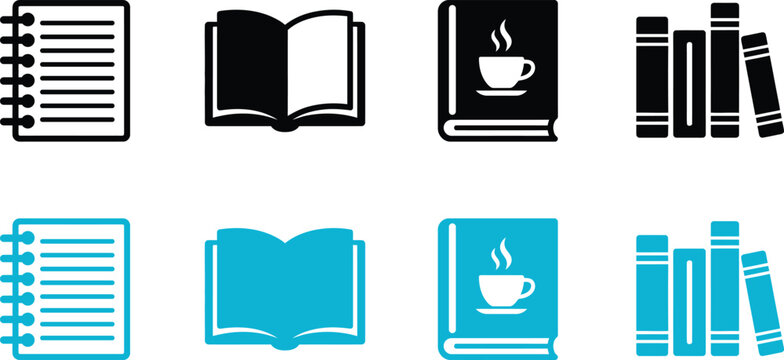 Set of notebook and book icons in black and blue colors for education and reading with book icon book stack coffee book study materials
