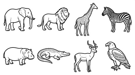 Fototapeta premium Zambia African Wildlife Black and White Vector Silhouette Icon Set