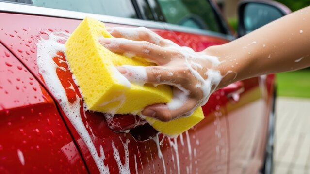 Professional car wash with yellow sponge and soap foam on red vehicle. Close up of hand cleaning red car exterior with soapy water. Automotive detailing and maintenance service at home.