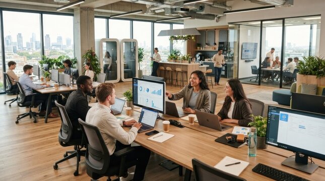 A diverse group of people working in a modern office setting, with a focus on collaboration and productivity.