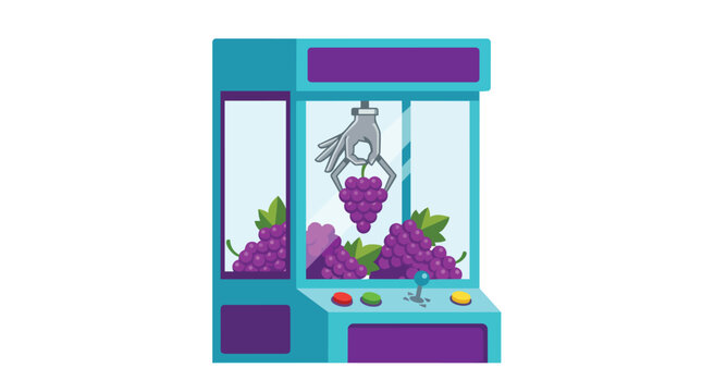 Grape claw machine arcade game picking fresh fruit flat vector illustration for gamified healthy eating apps
