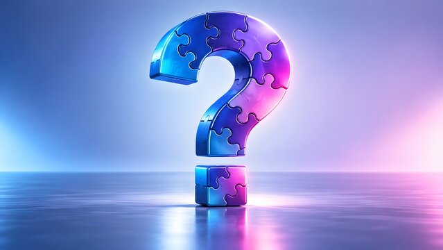 Metallic 3D question mark made of puzzle pieces illuminated by blue and pink neon light representing problem solving and business strategy