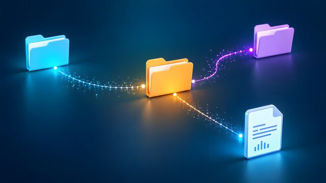 Digital folder data transfer concept with glowing optical fiber lines showing fast information migration and file sharing network across virtual systems