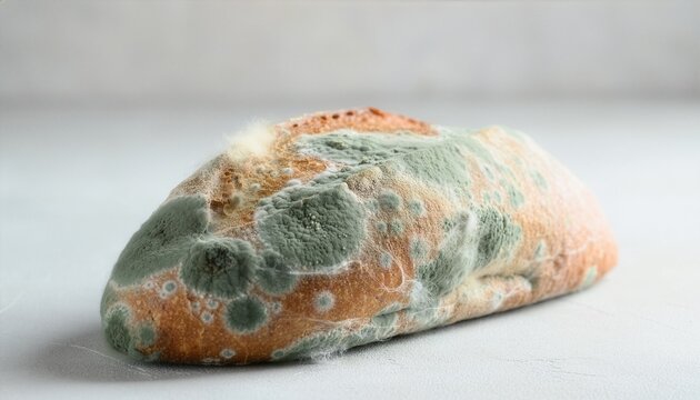 Old bread loaf with extensive green mold growing around the crust, isolated on a clean neutral surface.