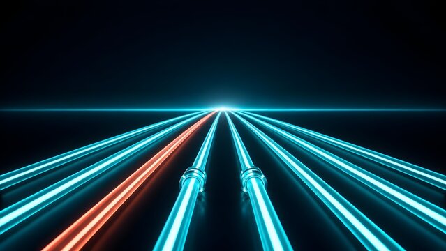 Parallel glowing fiber optic cables stretching to horizon with one distinct red line illustrating high speed data transmission and priority network routing