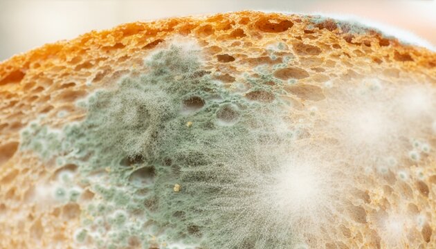 Extreme close-up of a slice of bread covered with green and white mold.