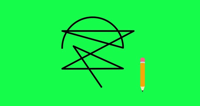 A wooden pencil draws random sketch lines that eventually form a brightly glowing light bulb against a green chroma key background, symbolizing inspiration, innovation, solutions, creative thinking.