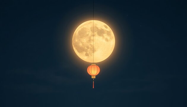 A single traditional glowing lantern hanging beneath a large brilliant full moon in the dark night sky with paper lantern lunar light oriental decor lunar cycle dark background nighttime