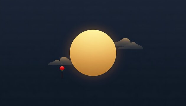 Small red lantern floating against a backdrop of a massive golden full moon and dark clouds at night with night sky lunar light traditional decor cultural festival evening sky night scene