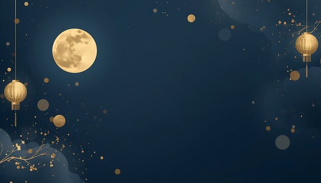 Ornate glowing lanterns hanging in the night sky with a full moon and sparkling golden bokeh lights lunar light traditional lanterns ambient light cultural festival night photography