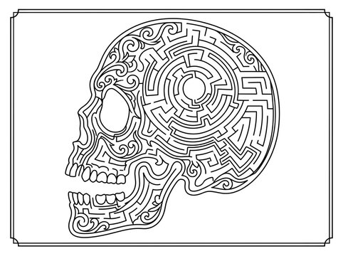 Black and white skull shaped labyrinth maze illustration for coloring book page with clean lines