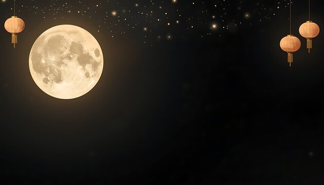 Full moon night sky with hanging traditional chinese lanterns lunar festival mid autumn glowing lanterns oriental decoration cultural holiday nighttime scenery asian culture background