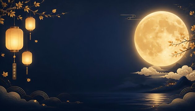 Luminous full moon shining over a calm lake with hanging lanterns and floral branches in a night scene lake reflection lunar light traditional decor night sky nighttime landscape