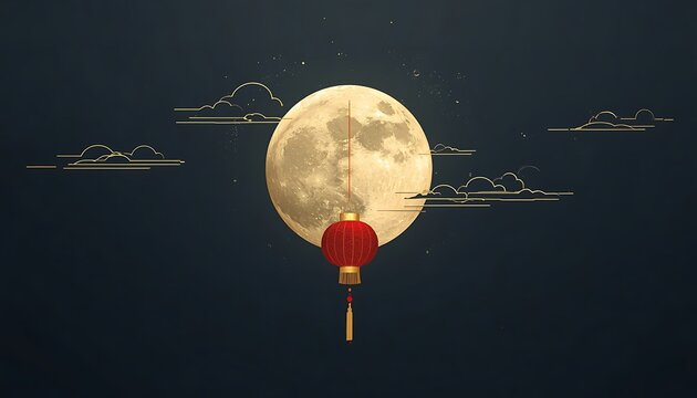 Single red chinese lantern hanging before a bright full moon with chinese culture lunar festival night sky mid autumn asian decoration traditional lantern lunar event dark background