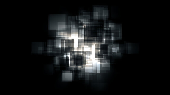 Abstract arrangement of gray and white squares creates a geometric pattern on a black background