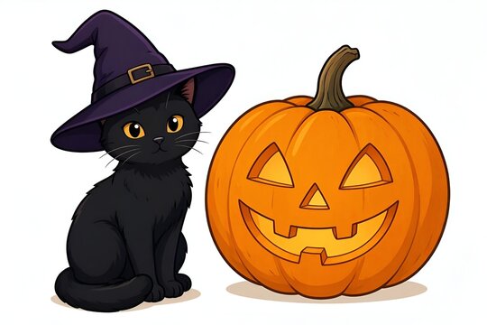 Scary Cute Slinky Sleek Fluffy Black Cat Kitty Kitten Wearing Witch's Hat Sits Next to Carved Pumpkin Jack-O-Lantern. Celebrating Halloween Queen Royalty Decor PNG Isolated Transparent Background .