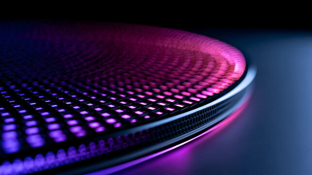 Detailed view of a circular electronic led panel with glowing pink and purple pixels illustrating high tech computer display and modern digital interface
