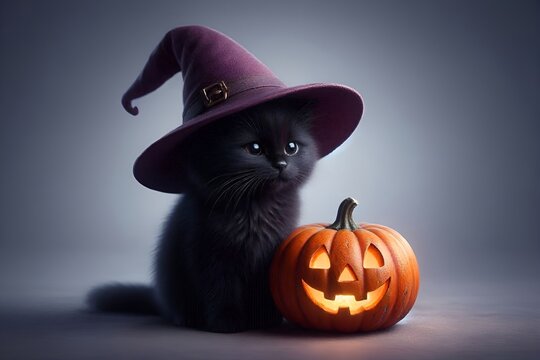 Boo! Scary Cute Slinky Sleek Fluffy Black Cat Kitty Kitten Wearing a Witch's Hat Sits Next to a Carved Pumpkin Jack-O-Lantern. Celebrating Halloween. Queen Royalty Theme Plushy Decoration. Abracadabra