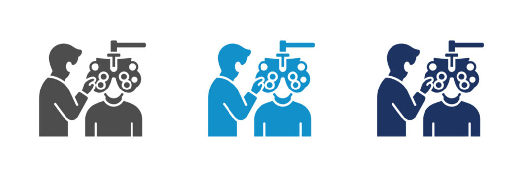 Optometrist performing eye examination on patient using phoropter equipment icon set.