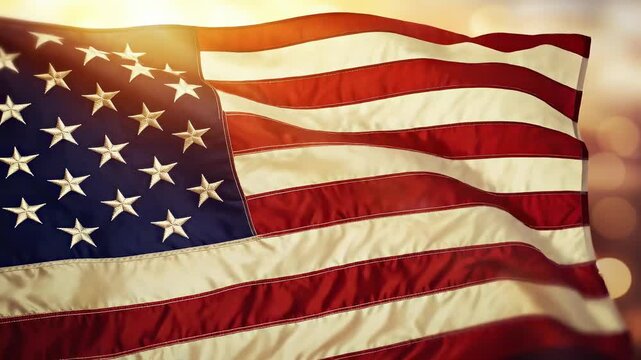 Low-angle video of the American flag waving against a golden sunset, symbolizing patriotism. Live desktop wallpaper.