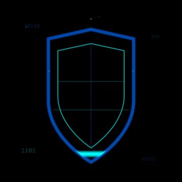Geometric cyber security shield icon with neon scanning line and binary data on black background