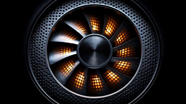 Detailed view of an illuminated gaming pc cooler fan featuring orange led lighting behind dark metal fan blades and circular perforated ventilation mesh