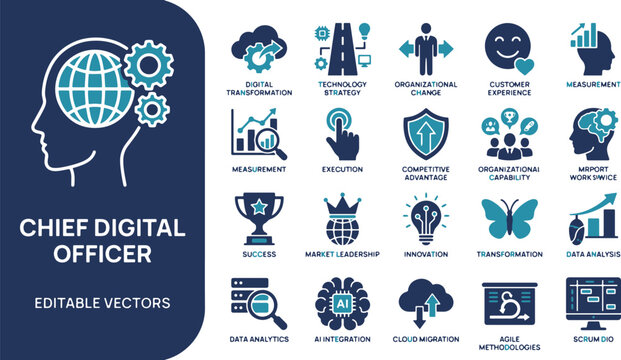 Chief Digital Officer, Digital Transformation, and Technology Strategy Flat Vector Icon Set.