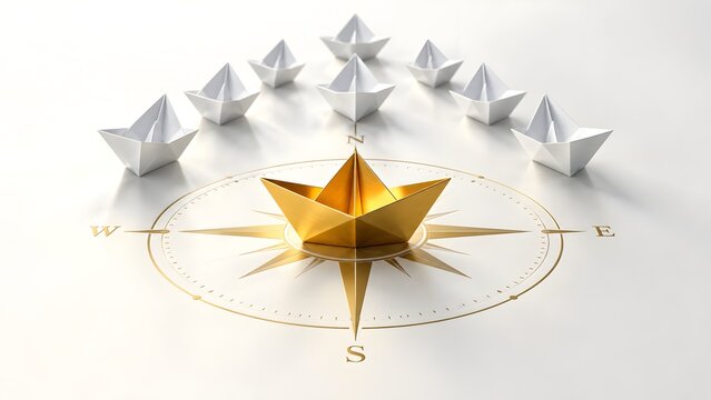 Golden paper boat sitting on navigational compass with white ships in background representing strategic direction