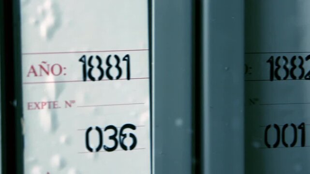 Tracking Shot Of Old Archive Folders With Historical Years And File Numbers - 4K