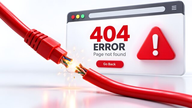 Network failure concept with severed red ethernet cable and glowing sparks against white background with 404 error interface