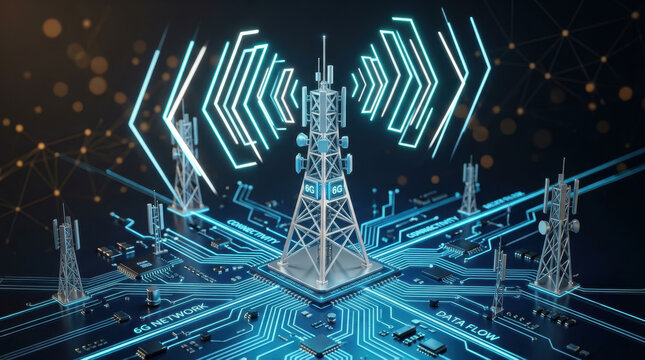 Futuristic 3D render of 6G network telecommunication towers transmitting signals on a glowing blue circuit board.