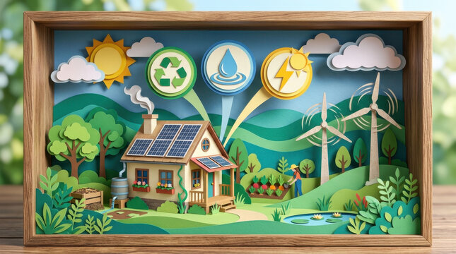 Layered paper cut art of green eco concept landscape with environmental protection icons.