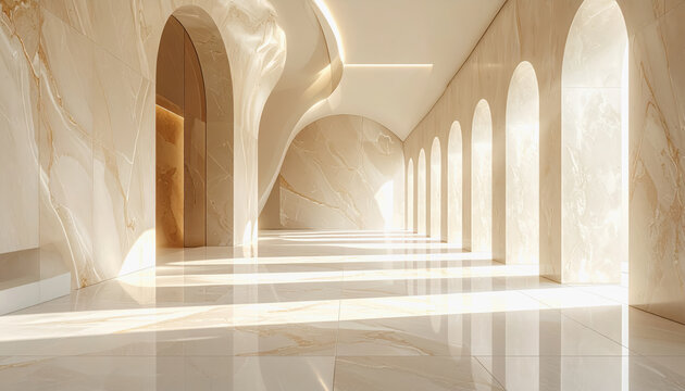 Luxurious marble hallway with arched openings and dramatic light and shadow play